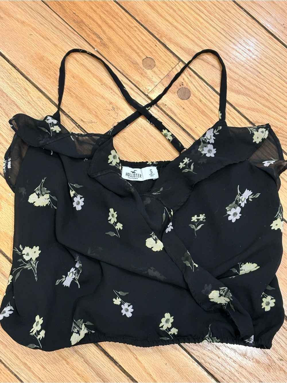 Hollister Black Floral Lace Feminine Ruffles Crop Cami Tank Top size small